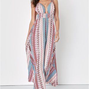 Lulus Maxin' Relaxin' Blue Multi Print Sleeveless Tie-Strap Maxi Dress